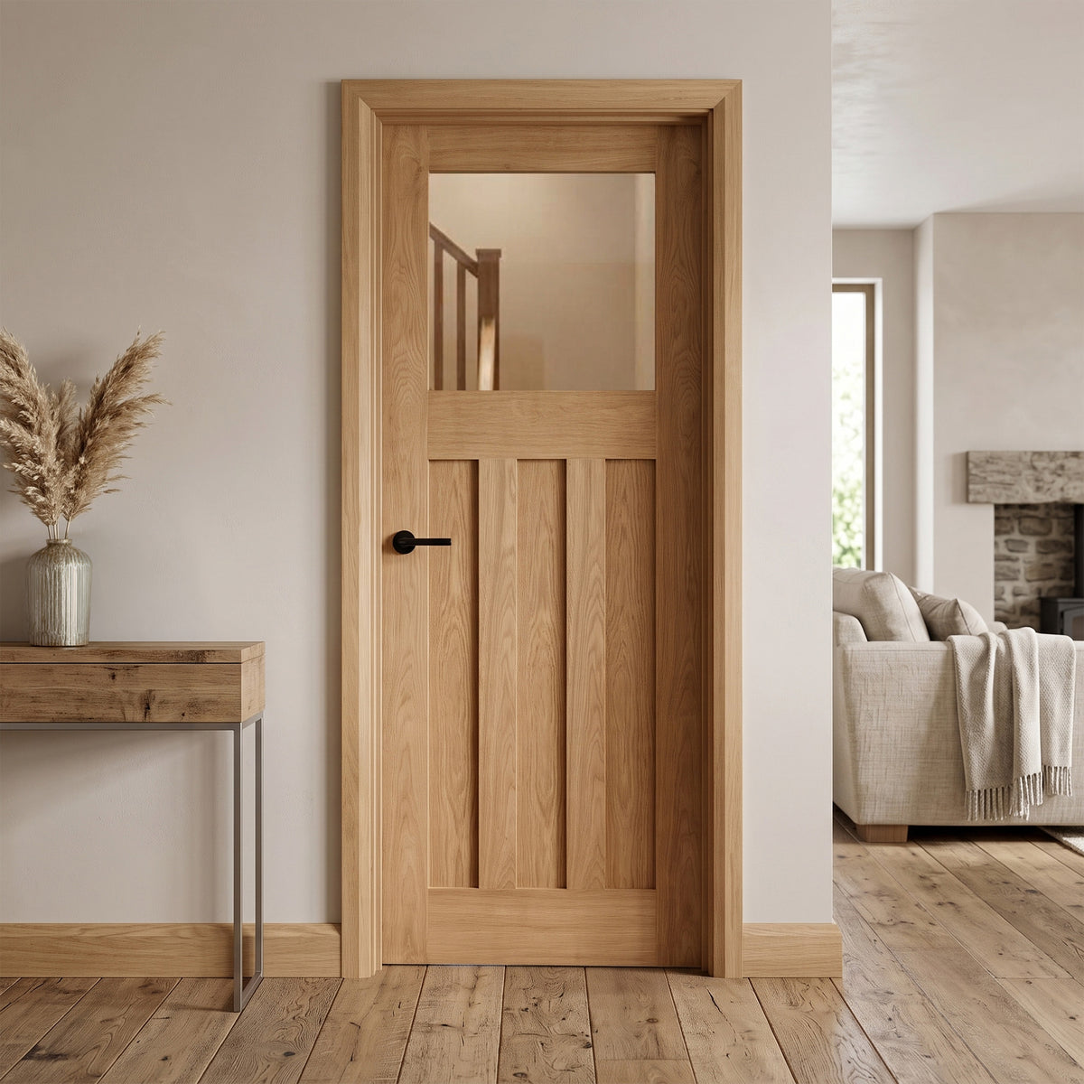 Oak Fully Finished 1930's DX 3 Panel 1 Light Clear Glass Internal Door