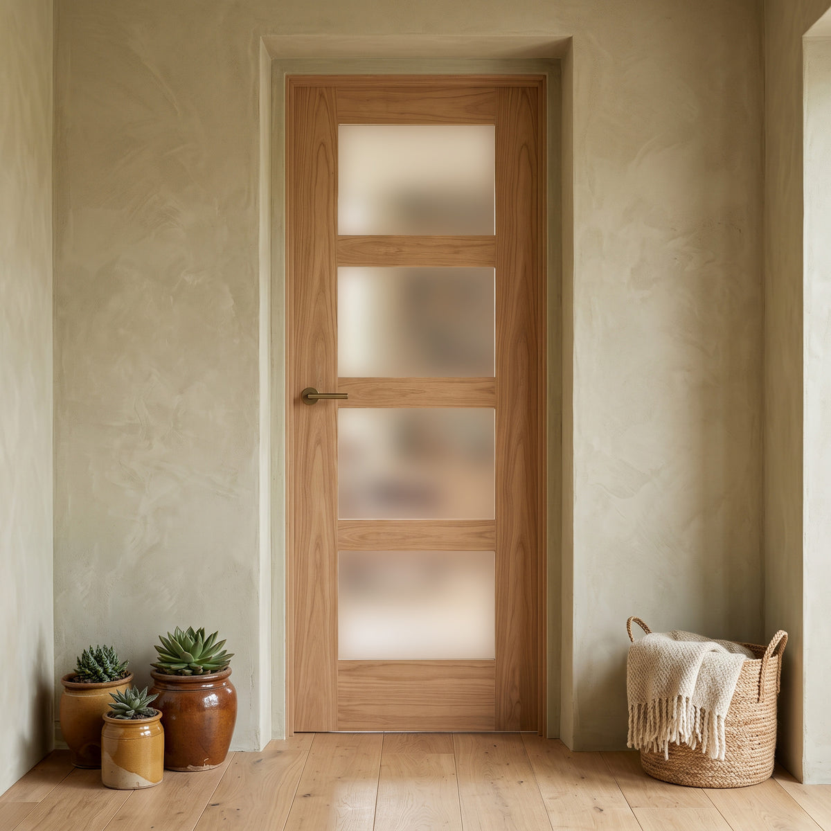 Oak Internal Fully Finished Shaker 4 Light Obscure Glass Door