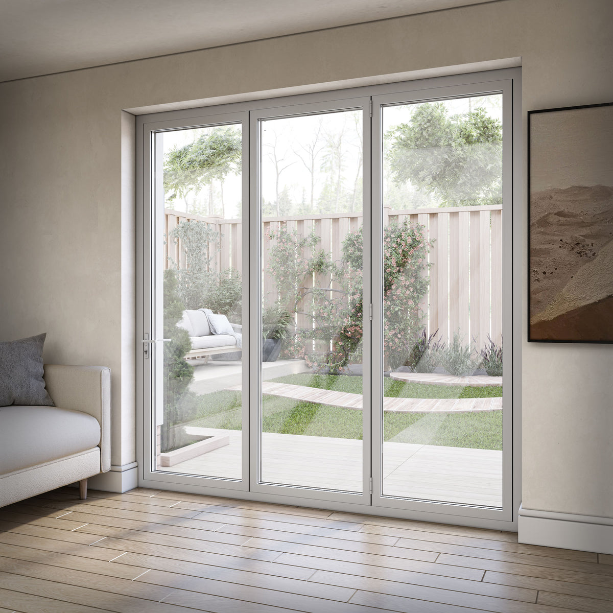 White Aluminium External 3+0 Clear Glass Folding Patio Door