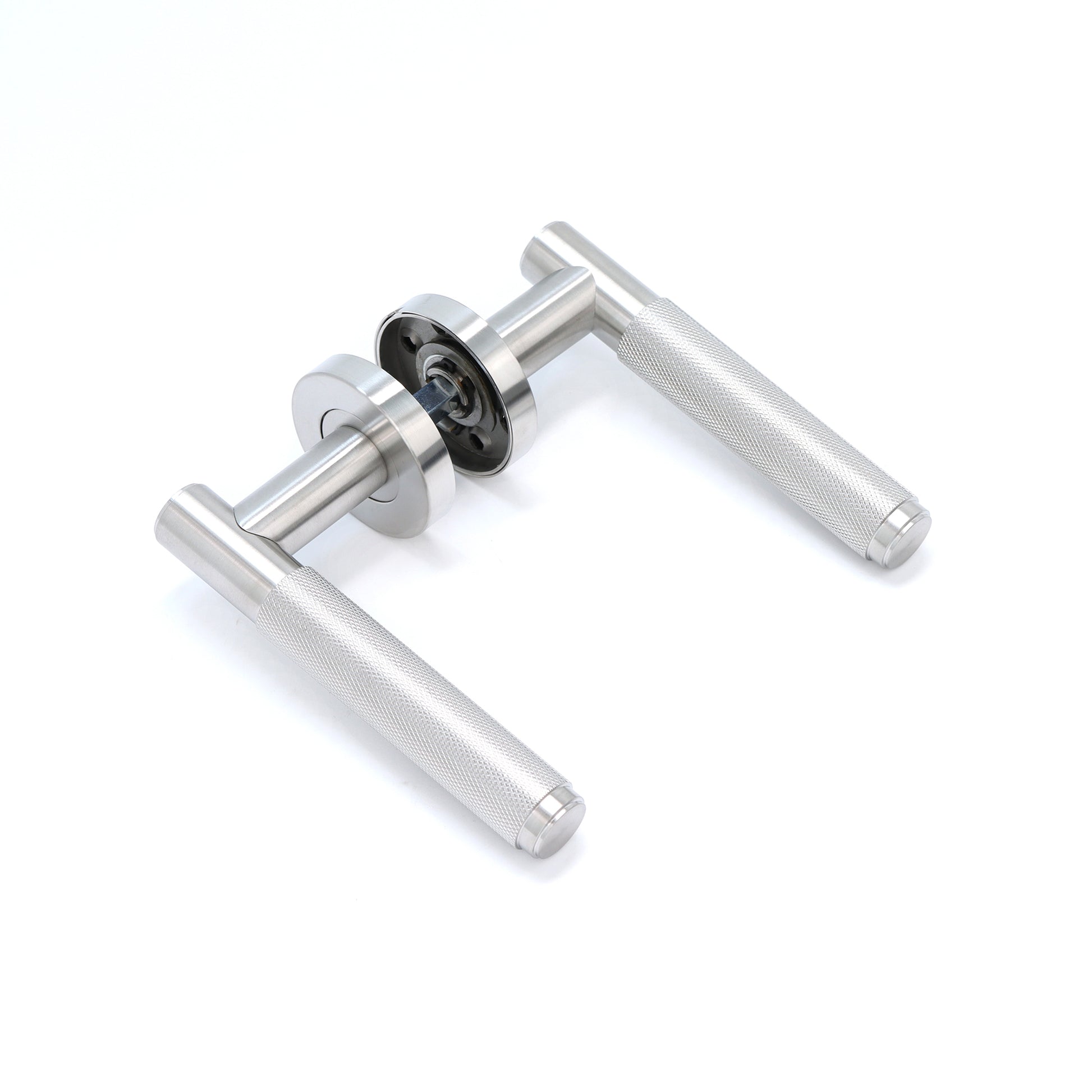Knurled Lever on Round Rose Door Handle Set - Satin Stainless Steel