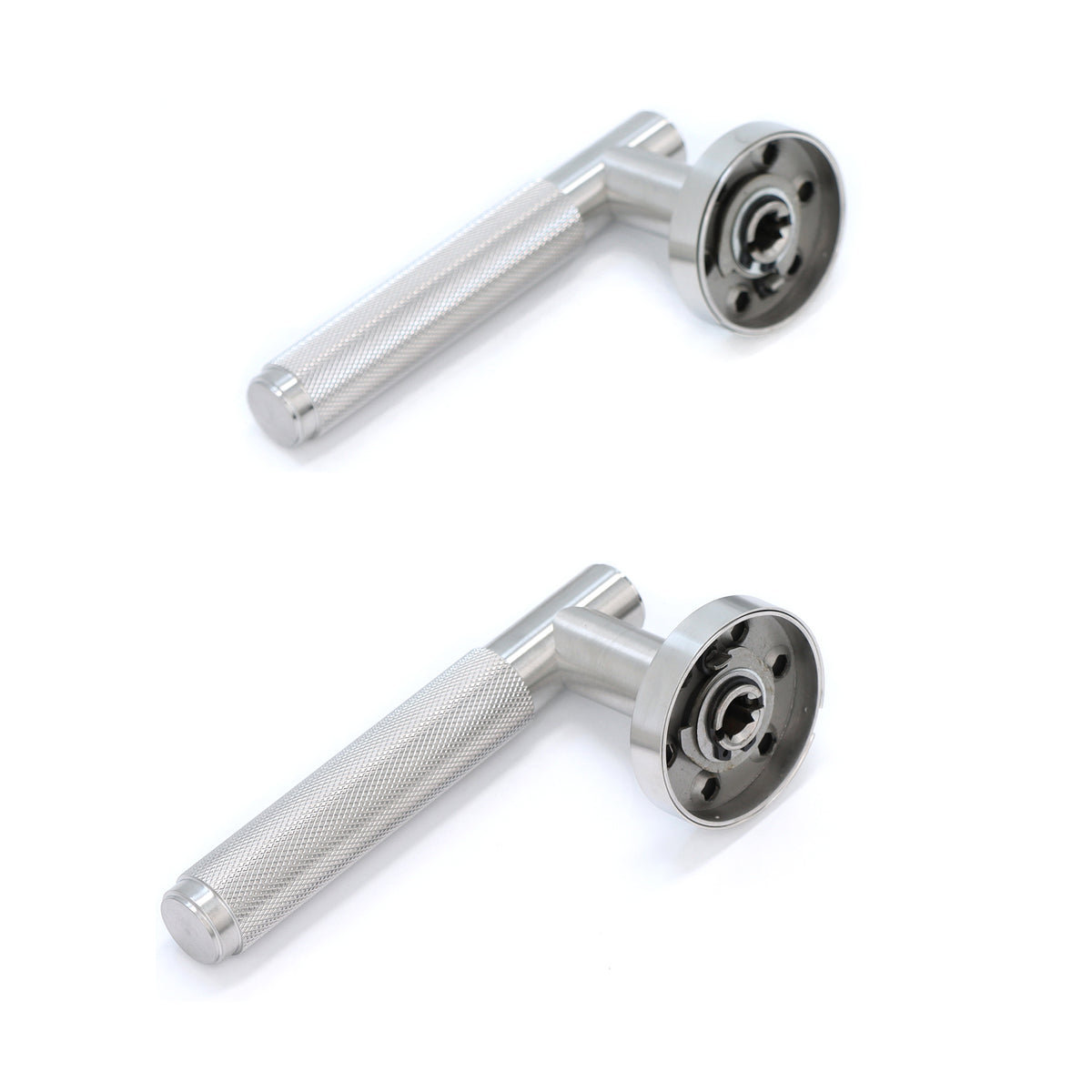 Knurled Lever on Round Rose Door Handle Set - Satin Stainless Steel