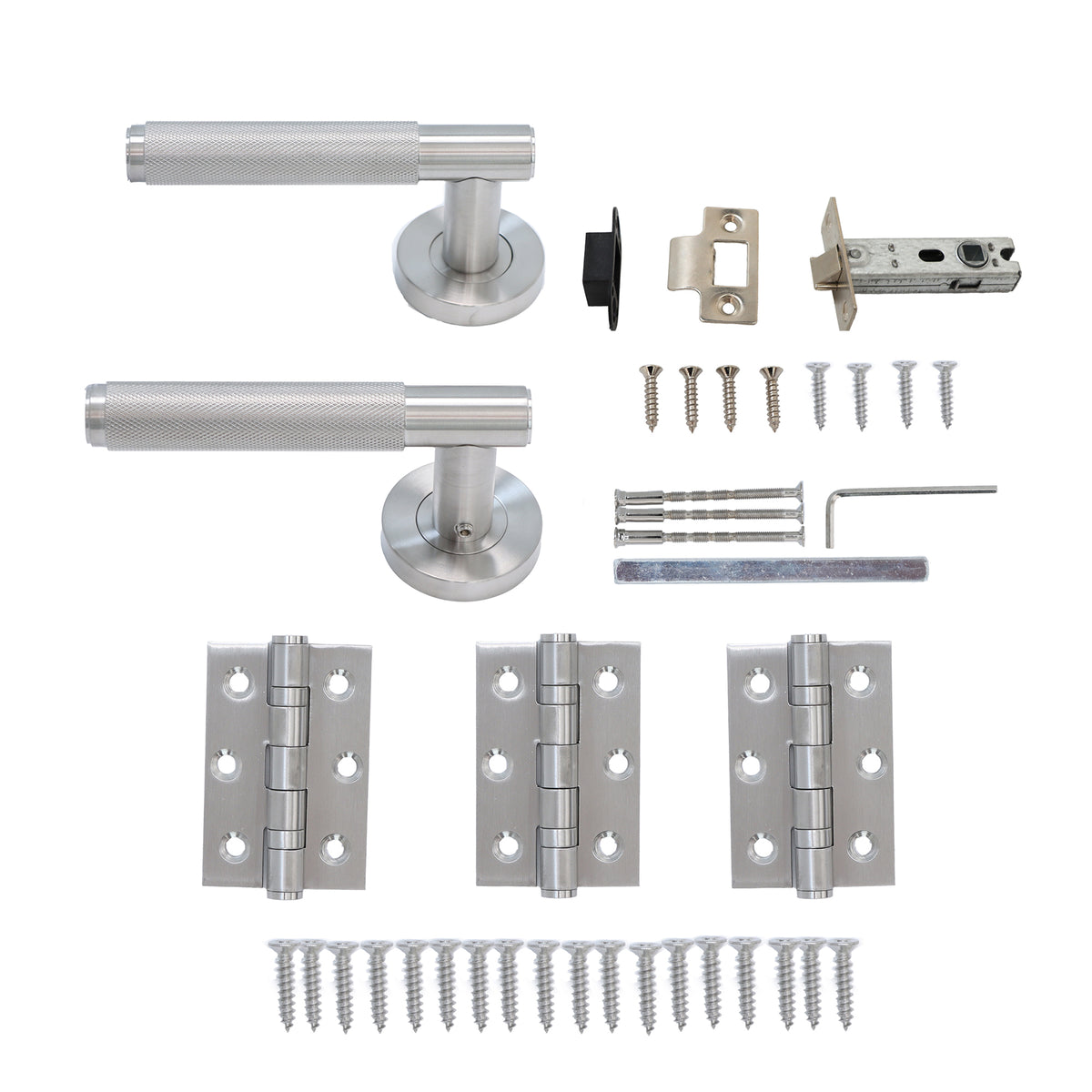 Knurled Lever on Round Rose Door Handle Set - Satin Stainless Steel
