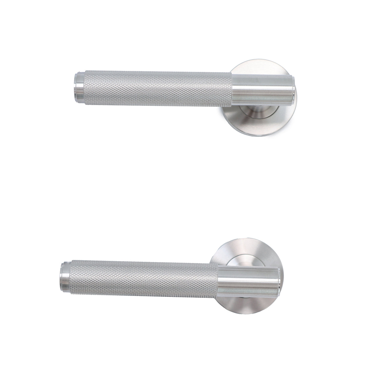 Knurled Lever on Round Rose Door Handle Set - Satin Stainless Steel