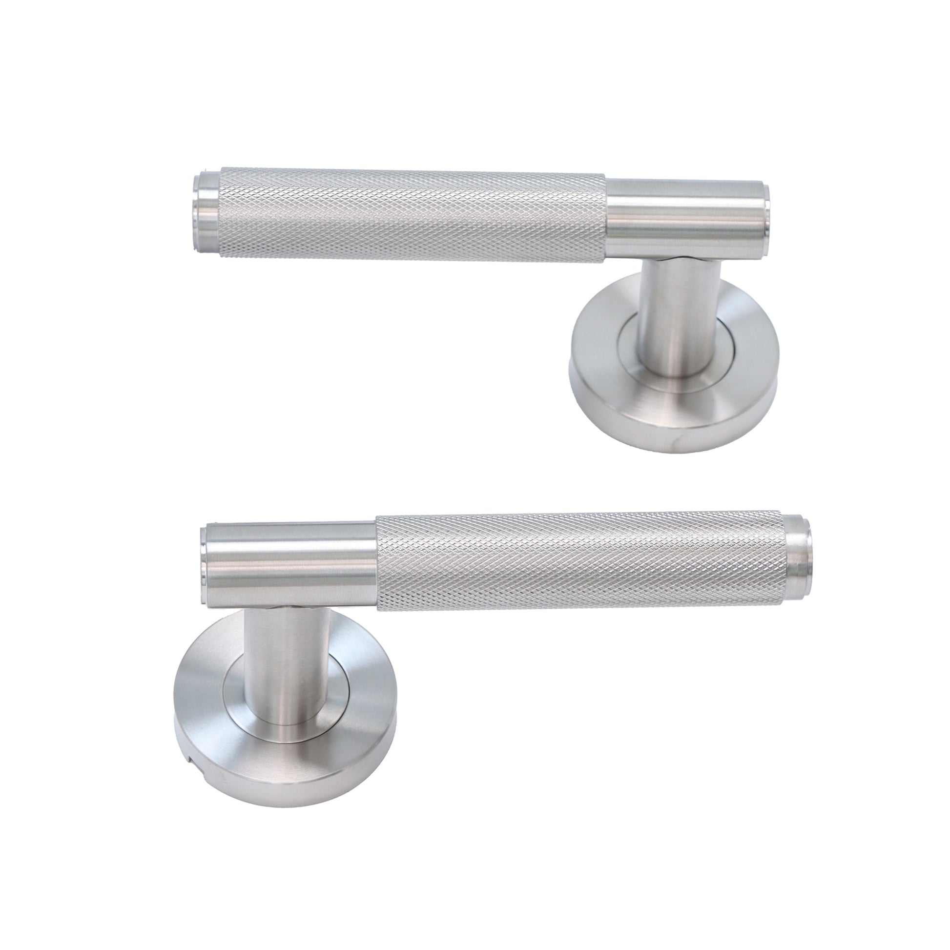 Knurled Lever on Round Rose Door Handle Set - Satin Stainless Steel