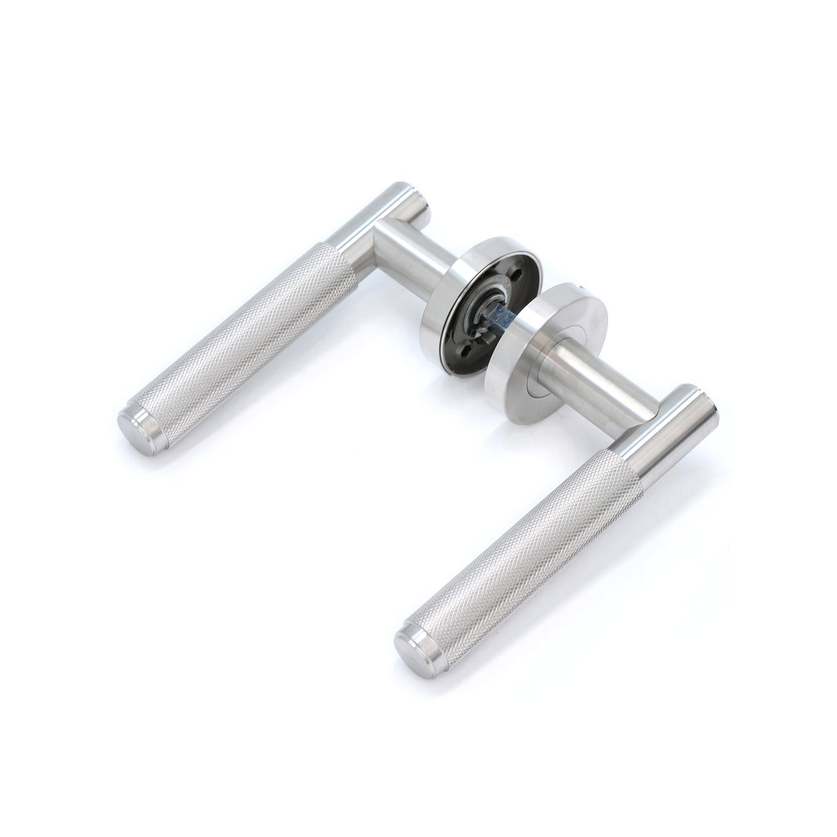Knurled Lever on Round Rose Door Handle Set - Satin Stainless Steel