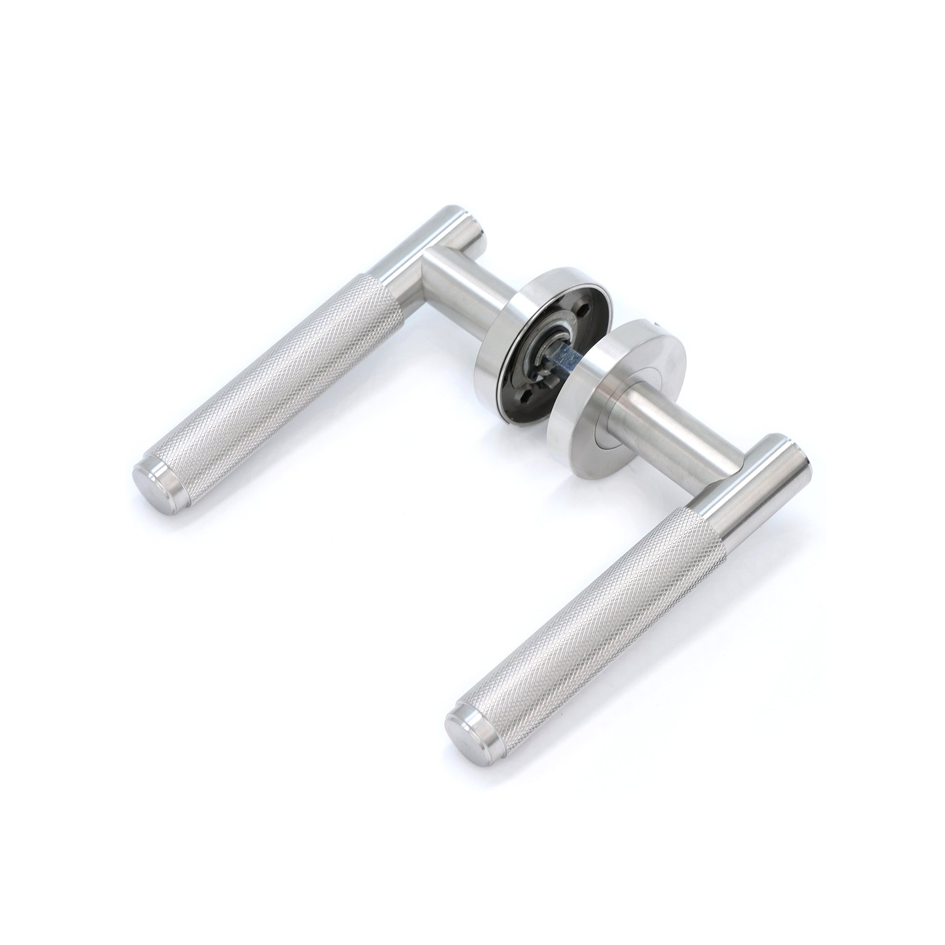 Knurled Lever on Round Rose Door Handle Set - Satin Stainless Steel