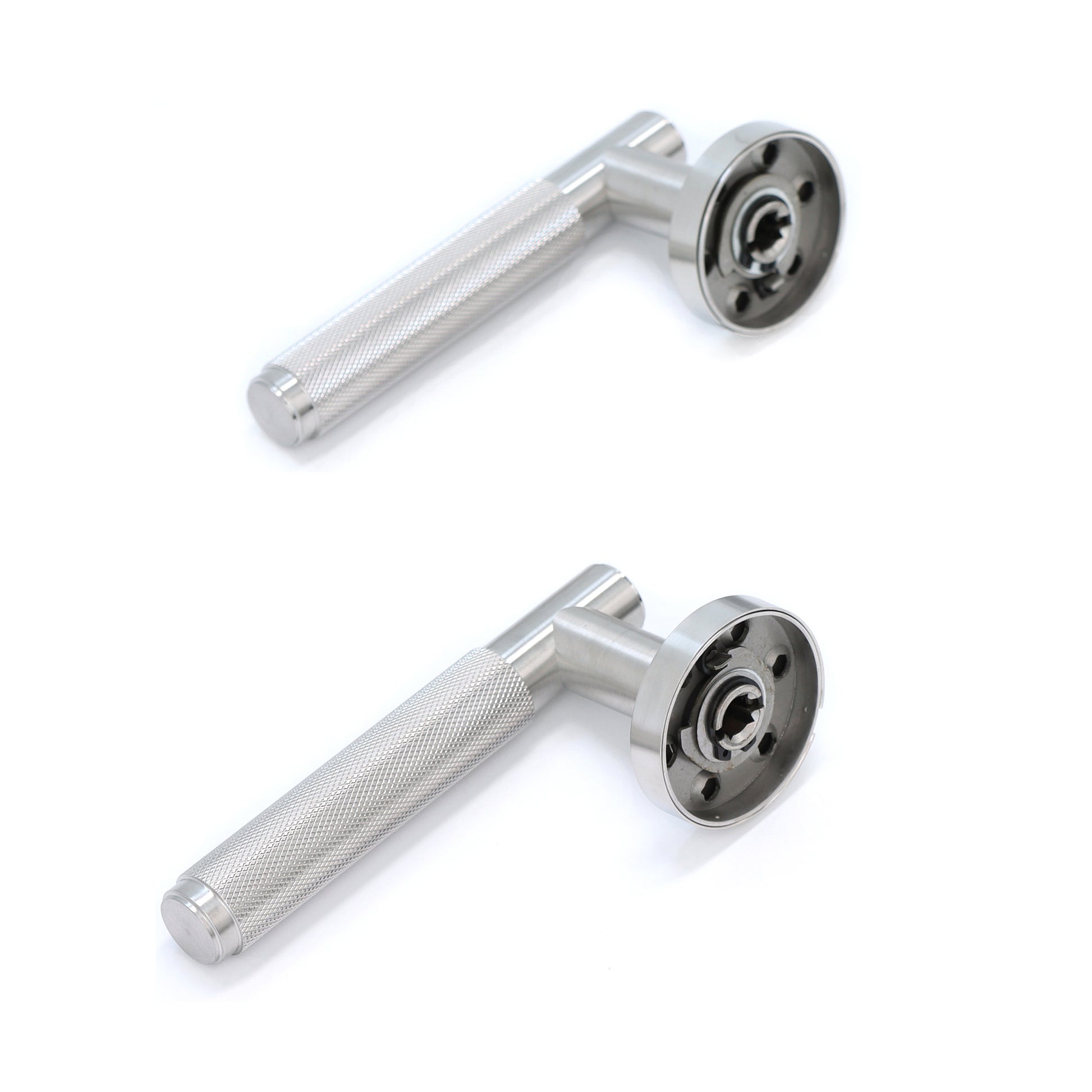 Knurled Lever on Round Rose Door Handle Set - Satin Stainless Steel