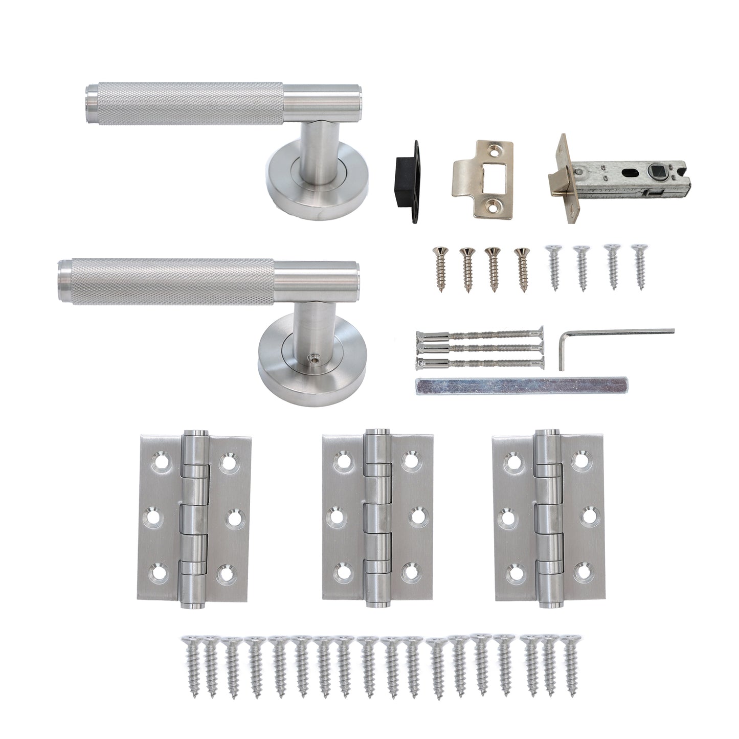 Knurled Lever on Round Rose Door Handle Set - Satin Stainless Steel
