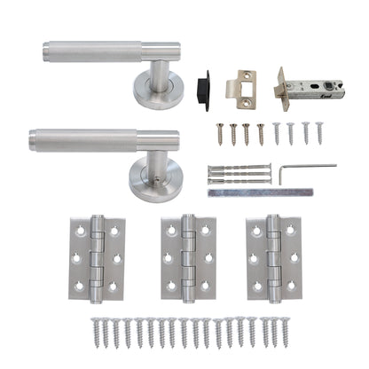 Knurled Lever on Round Rose Door Handle Set - Satin Stainless Steel