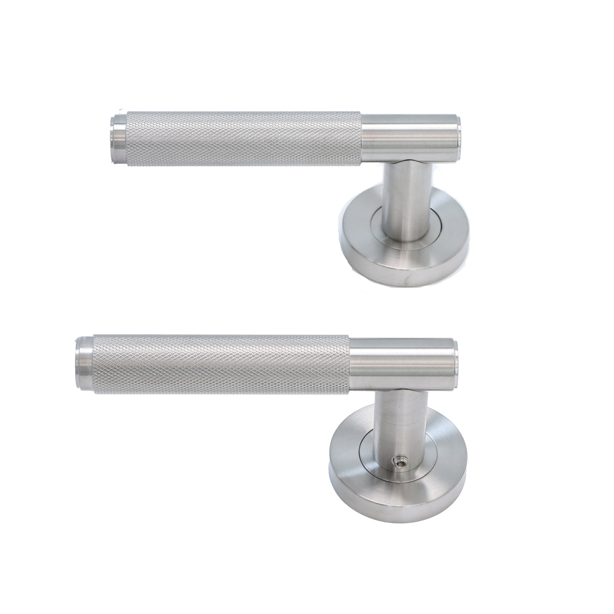 Knurled Lever on Round Rose Door Handle Set - Satin Stainless Steel