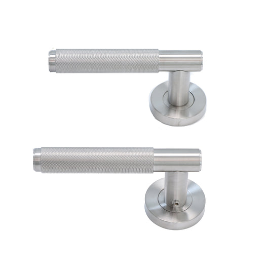 Knurled Lever on Round Rose Door Handle Set - Satin Stainless Steel