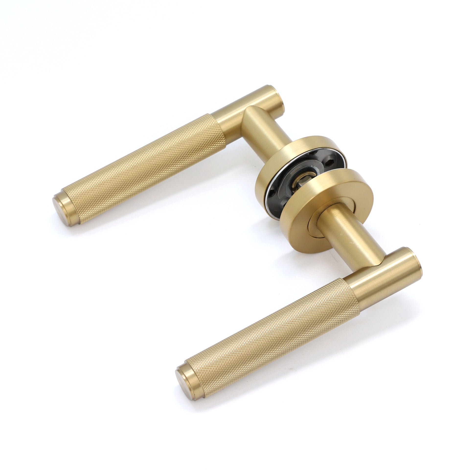 Knurled Lever on Round Rose Door Handle Set - Satin Gold
