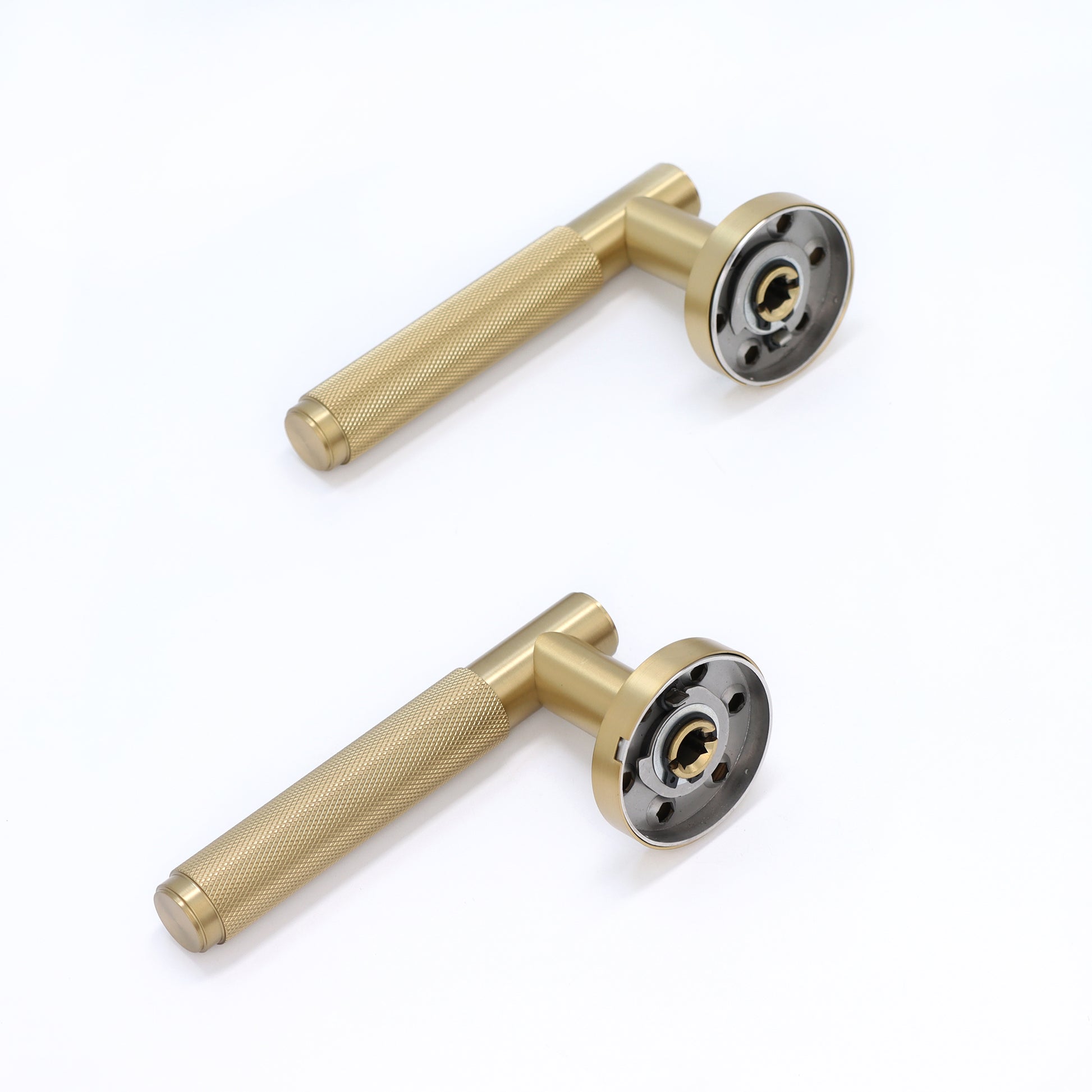 Knurled Lever on Round Rose Door Handle Set - Satin Gold