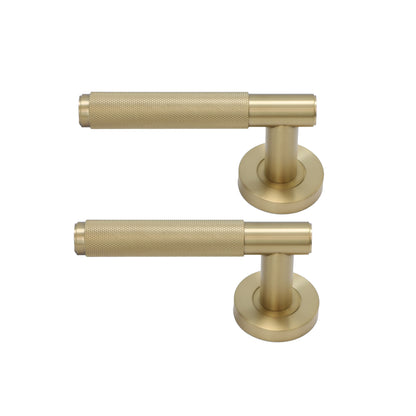 Knurled Lever on Round Rose Door Handle Set - Satin Gold