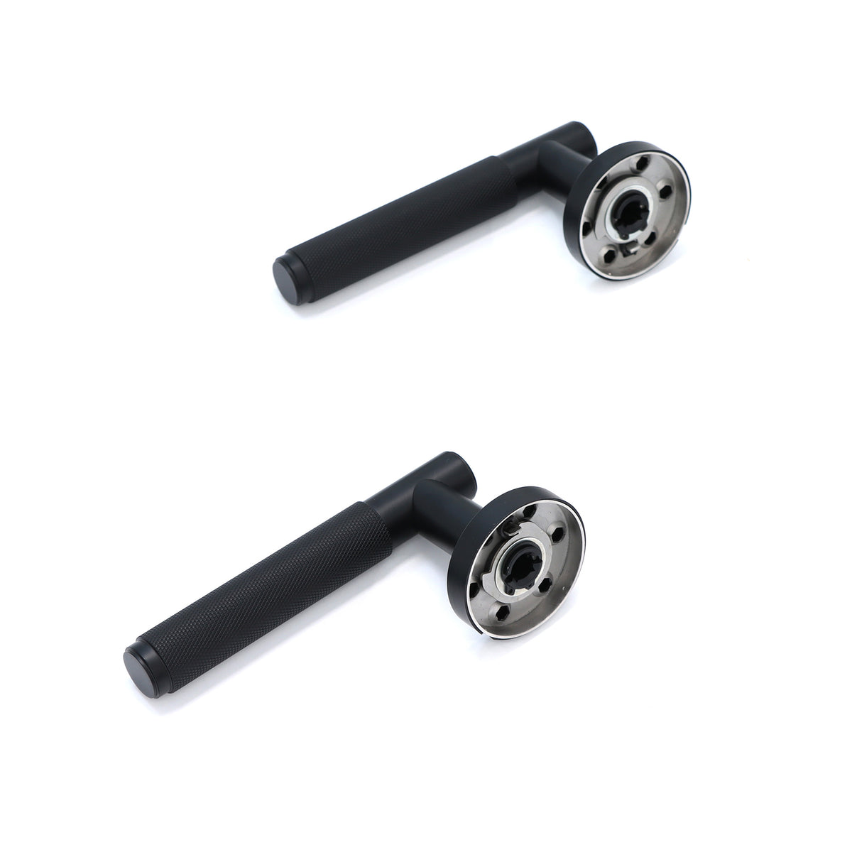 Knurled Lever on Round Rose Door Handle Set - Matt Black