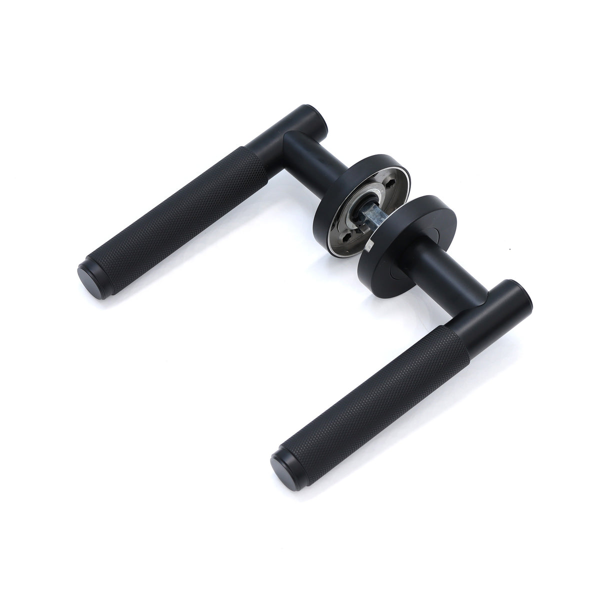 Knurled Lever on Round Rose Door Handle Set - Matt Black