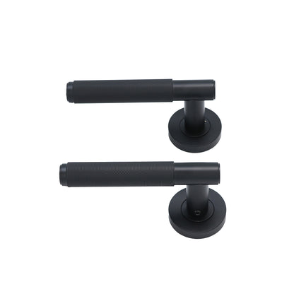 Knurled Lever on Round Rose Door Handle Set - Matt Black