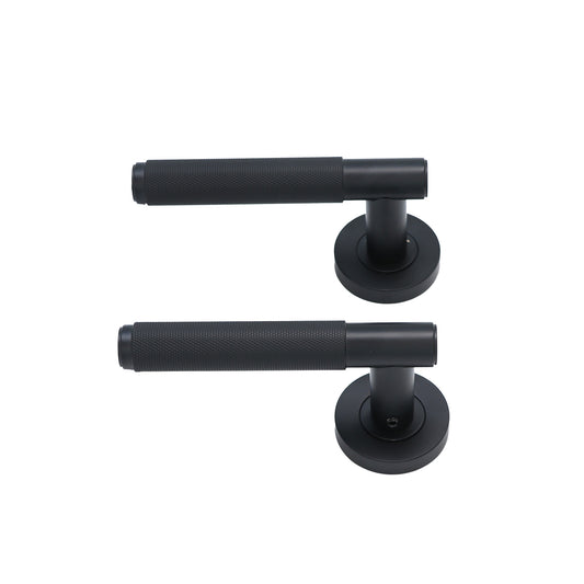 Knurled Lever on Round Rose Door Handle Set - Matt Black