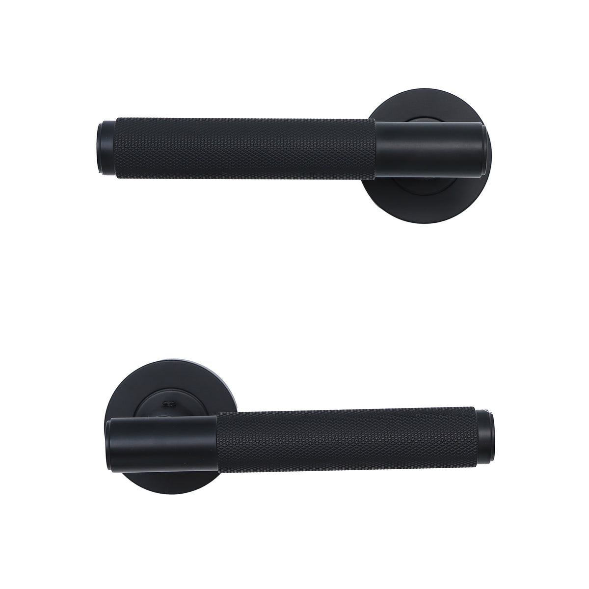 Knurled Lever on Round Rose Door Handle Set - Matt Black