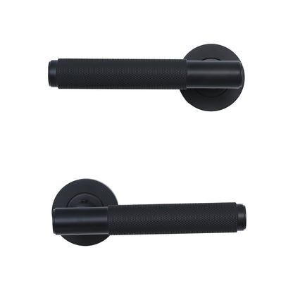 Knurled Lever on Round Rose Door Handle Set - Matt Black