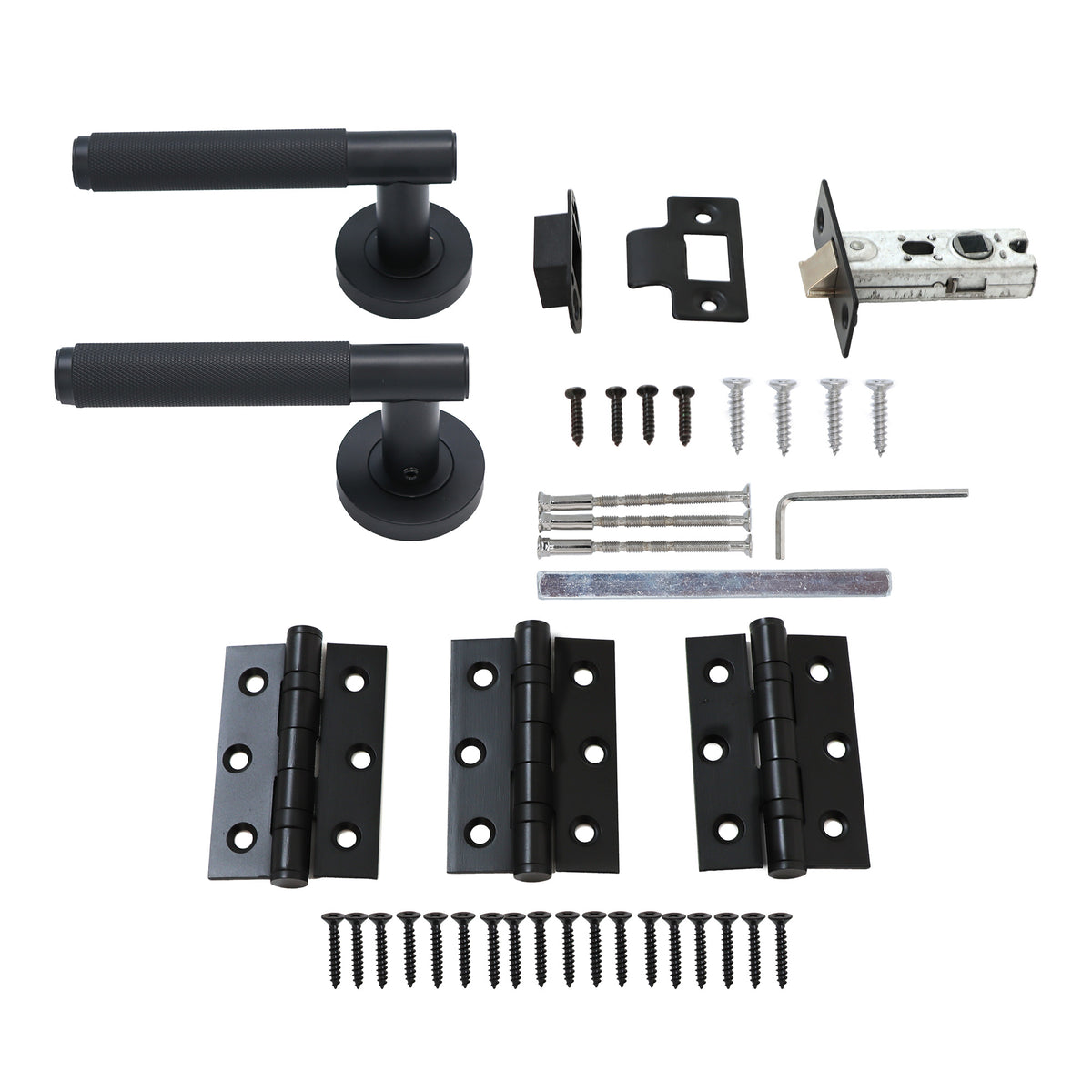 Knurled Lever on Round Rose Door Handle Set - Matt Black