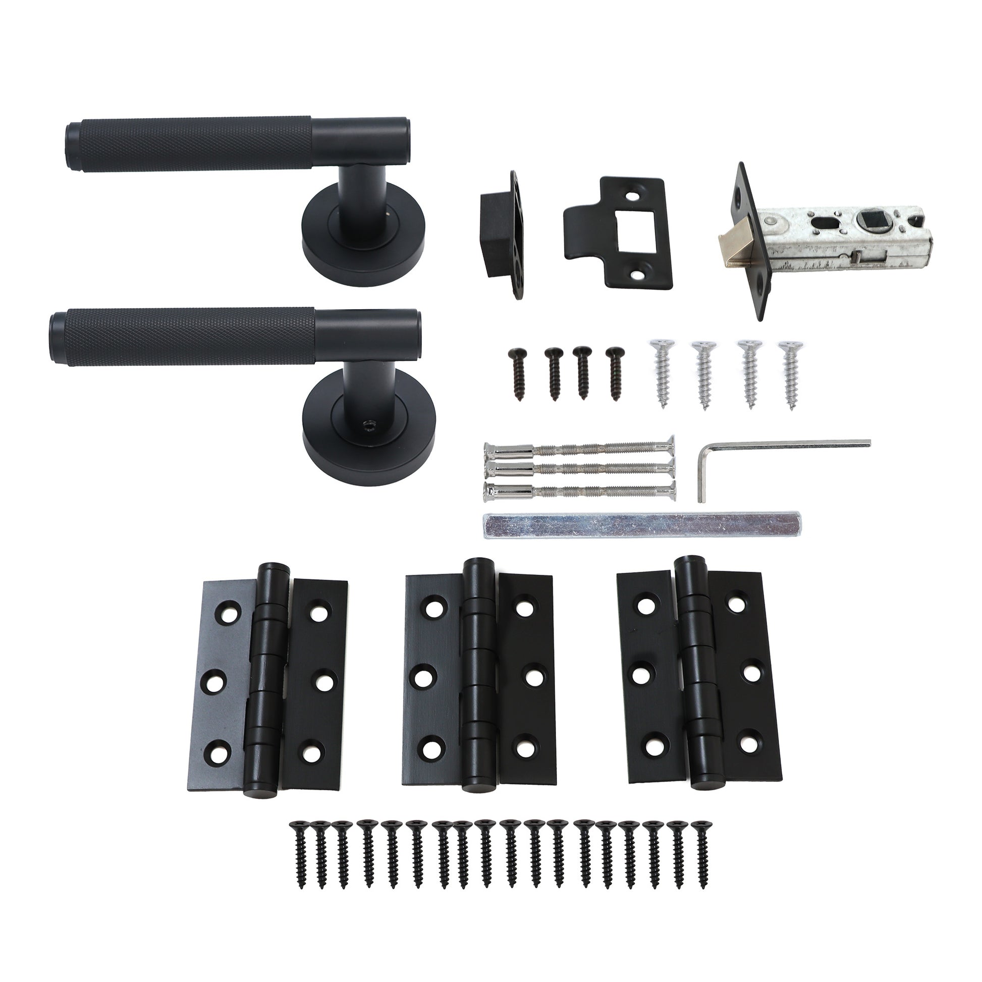 Knurled Lever on Round Rose Door Handle Set - Matt Black