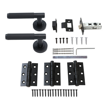 Knurled Lever on Round Rose Door Handle Set - Matt Black