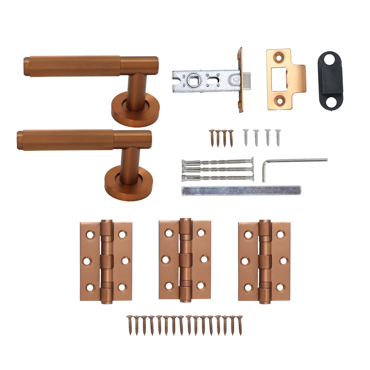 Knurled Lever on Round Rose Door Handle Set - Rose Gold