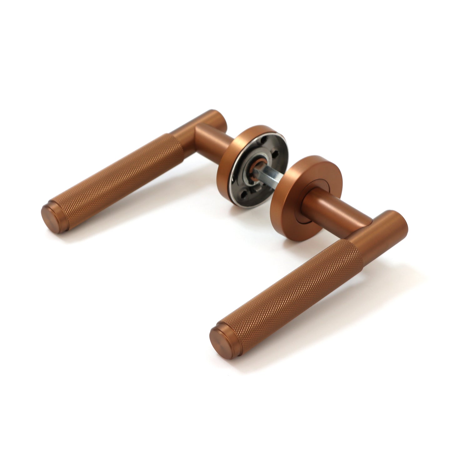 Knurled Lever on Round Rose Door Handle Set - Rose Gold