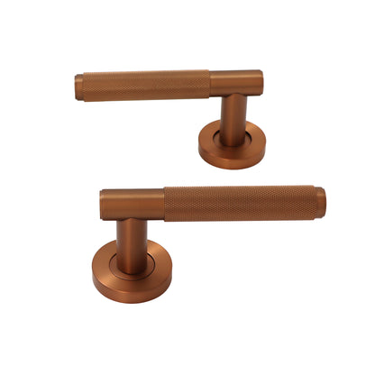 Knurled Lever on Round Rose Door Handle Set - Rose Gold