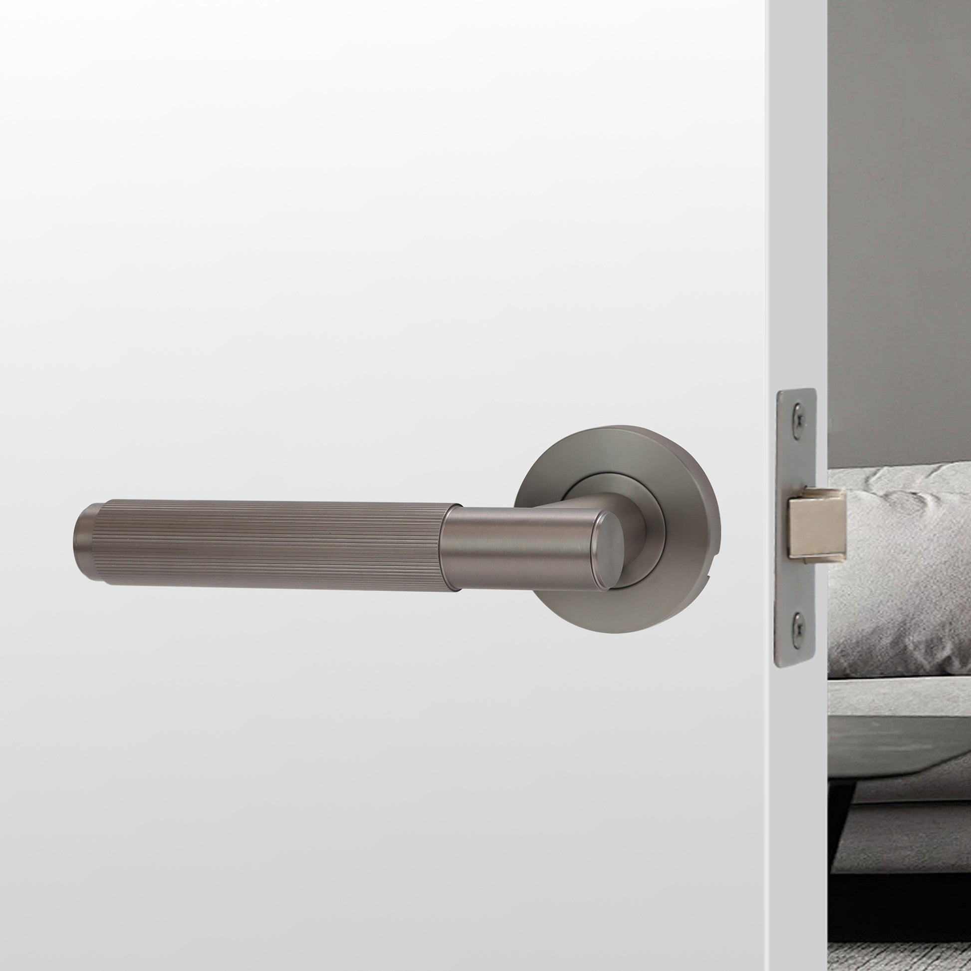 Fluted Lever on Round Rose Door Handle Set - Satin Stainless Steel