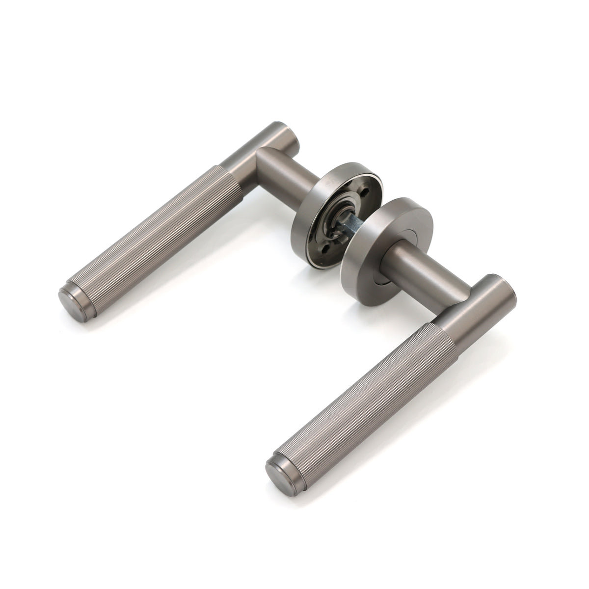 Fluted Lever on Round Rose Door Handle Set - Satin Stainless Steel