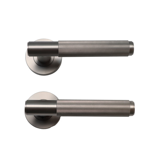 Fluted Lever on Round Rose Door Handle Set - Satin Stainless Steel