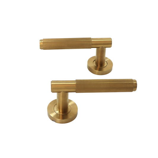 Fluted Lever on Round Rose Door Handle Set - Satin Gold