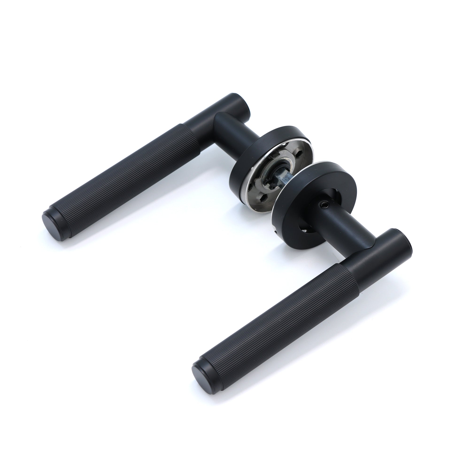 Fluted Lever on Round Rose Door Handle Set - Matt Black