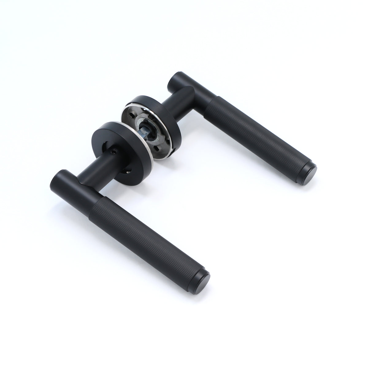 Fluted Lever on Round Rose Door Handle Set - Matt Black