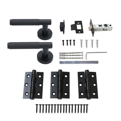 Fluted Lever on Round Rose Door Handle Set - Matt Black
