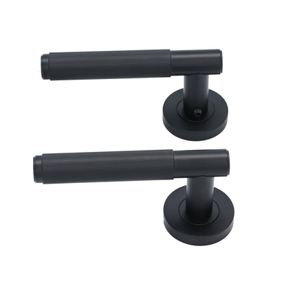 Fluted Lever on Round Rose Door Handle Set - Matt Black
