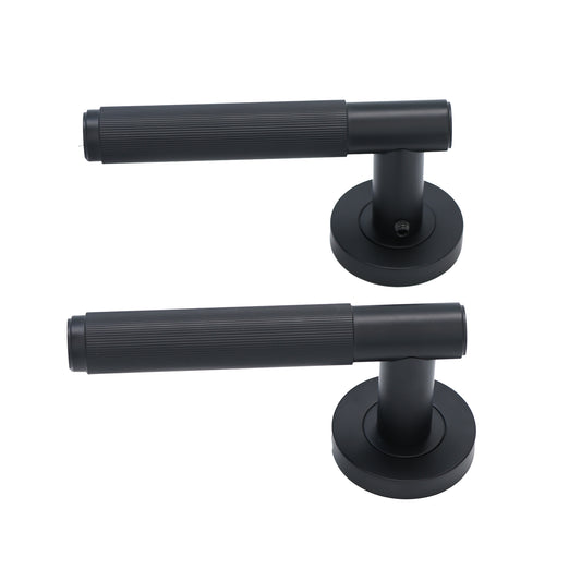 Fluted Lever on Round Rose Door Handle Set - Matt Black