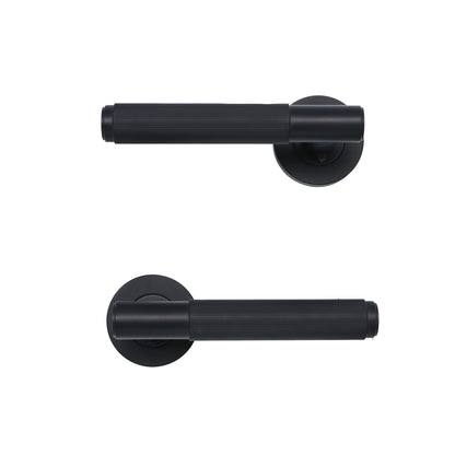 Fluted Lever on Round Rose Door Handle Set - Matt Black