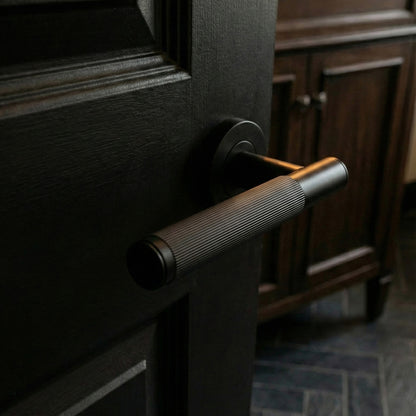 Fluted Lever on Round Rose Door Handle Set - Matt Black