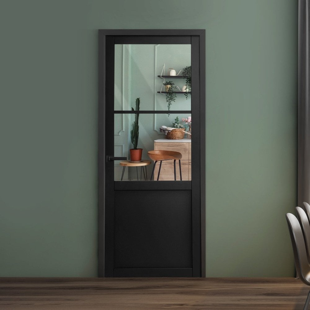 Jet Internal Black Fully Finished 1 Panel 2 Light Clear Glass Industrial Studio Door (124152)