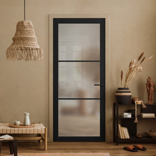 Jet Black Internal Fully Finished 3 Light Obscure Glass Industrial Studio Door (124155)