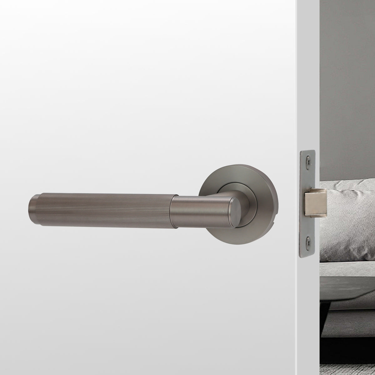 Fluted Lever on Round Rose Door Handle Set - Gun Metal