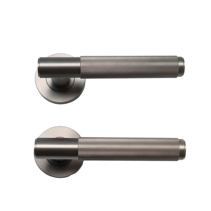 Fluted Lever on Round Rose Door Handle Set - Gun Metal