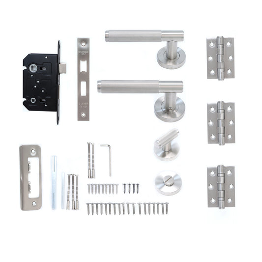 Knurled Lever on Round Rose Bathroom Door Handle Set - Satin Stainless Steel