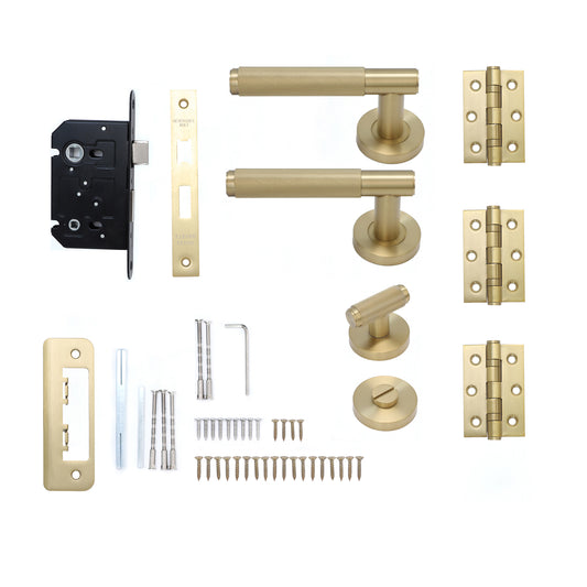 Knurled Lever on Round Rose Bathroom Door Handle Set - Satin Gold