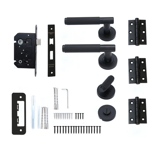 Knurled Lever on Round Rose Bathroom Door Handle Set - Matt Black