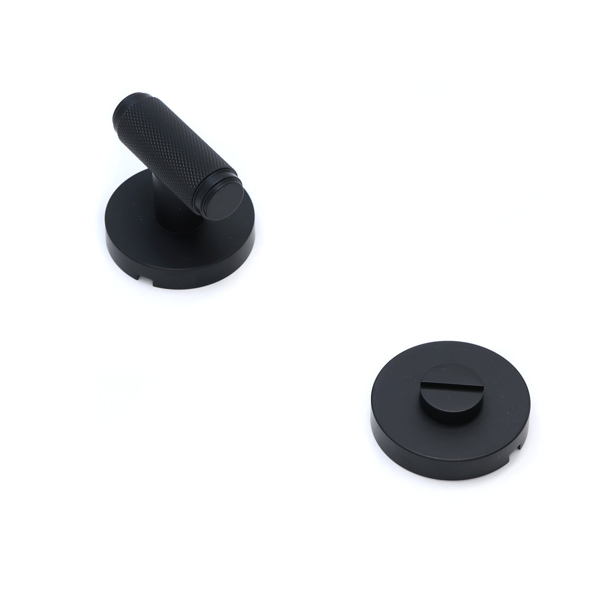 Knurled Lever on Round Rose Bathroom Door Handle Set - Matt Black