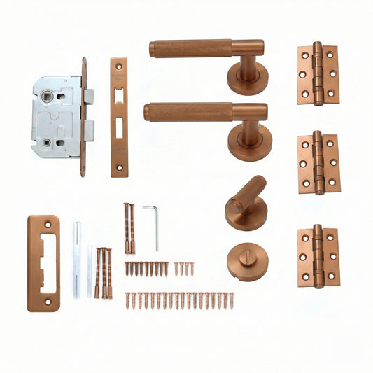 Knurled Lever on Round Rose Bathroom Door Handle Set - Rose Gold